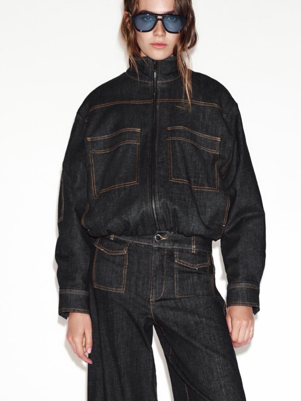 Zara dark denim puffer high collar bomber jacket